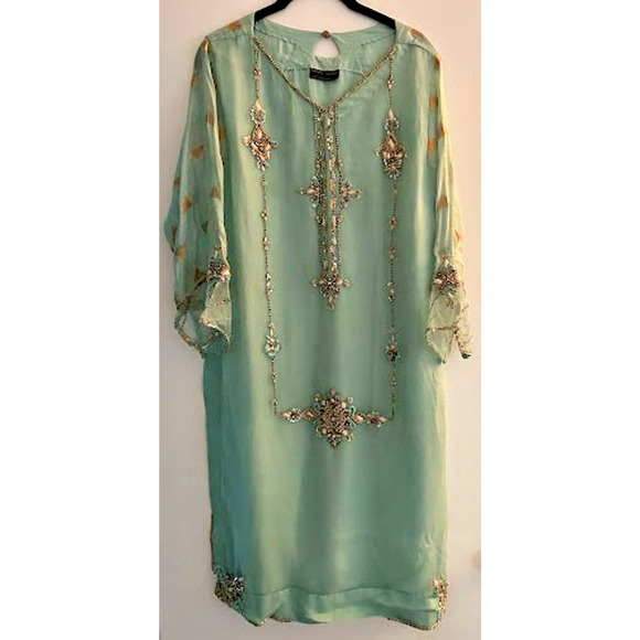 Pakistani Designer Sarosh Salman Dress. Mint Green. Handcrafted - Picture 3 of 9